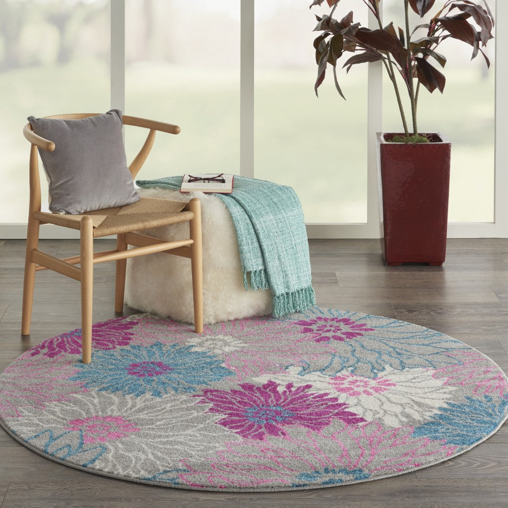 HomeRoots 4’ Round Gray and Pink Tropical Flower Area Rug