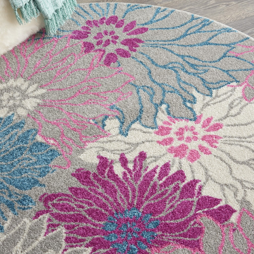 HomeRoots 4’ Round Gray and Pink Tropical Flower Area Rug