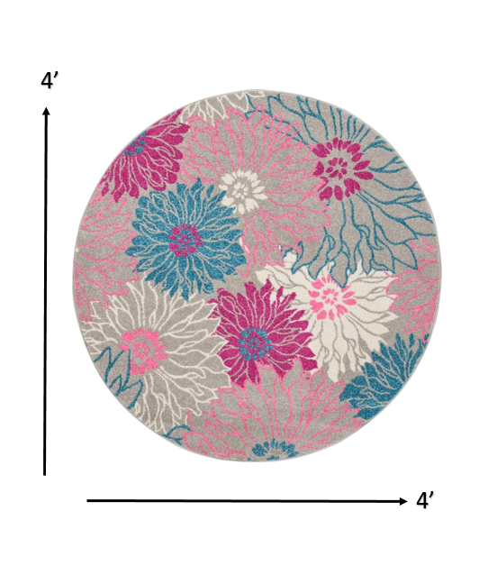 HomeRoots 4’ Round Gray and Pink Tropical Flower Area Rug