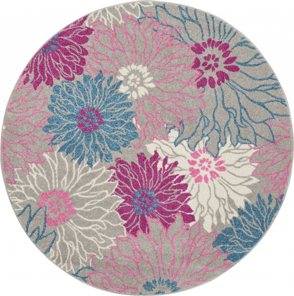 HomeRoots 4’ Round Gray and Pink Tropical Flower Area Rug