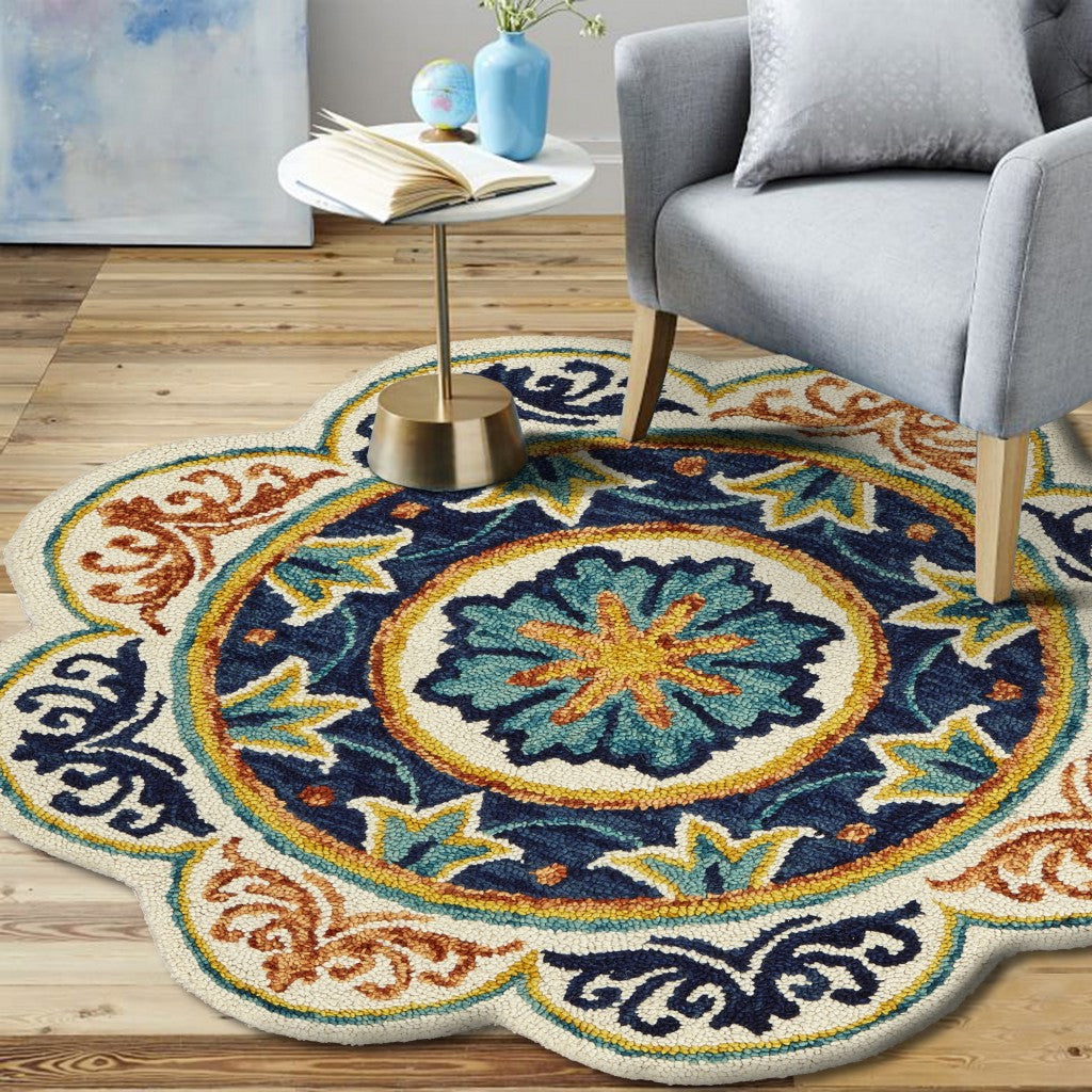 HomeRoots 4' Round Ivory and Navy Decorative Area Rug