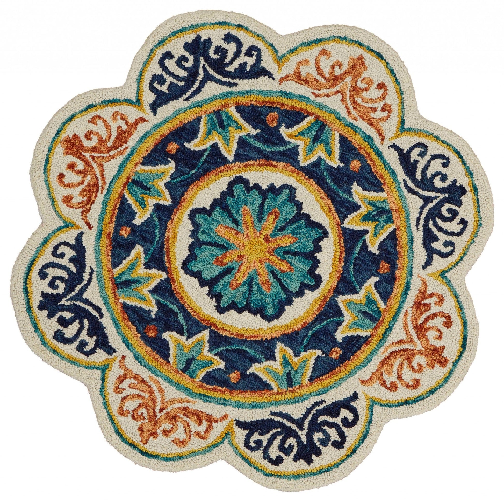 HomeRoots 4' Round Ivory and Navy Decorative Area Rug