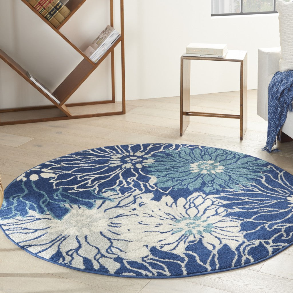 HomeRoots 4' Round Navy and Ivory Floral Area Rug
