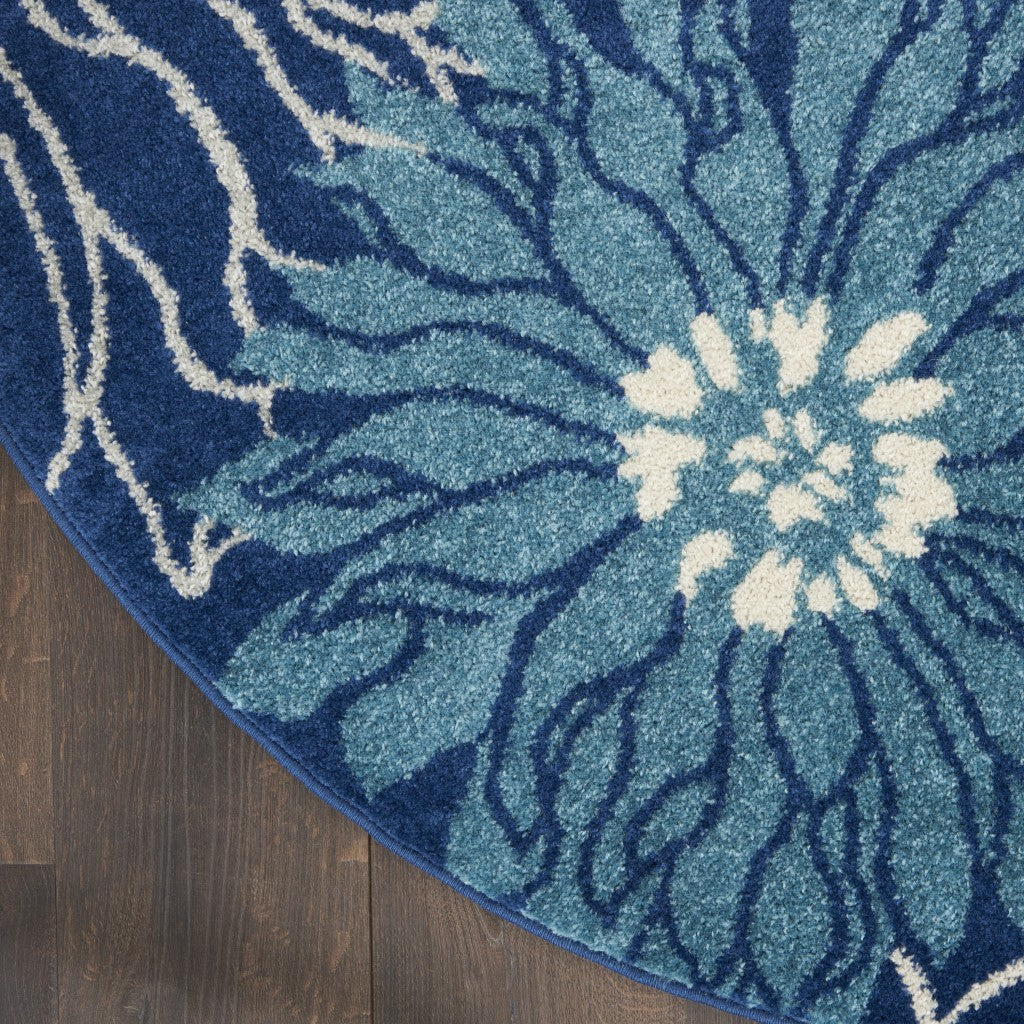 HomeRoots 4' Round Navy and Ivory Floral Area Rug