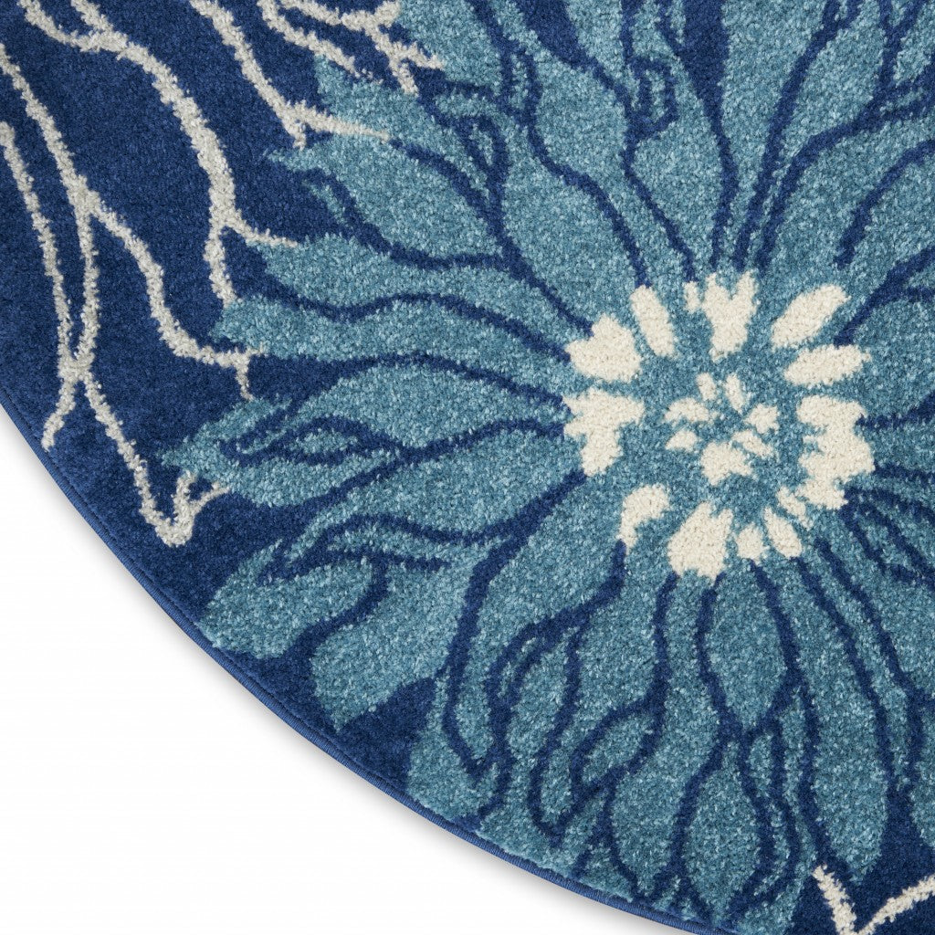 HomeRoots 4' Round Navy and Ivory Floral Area Rug