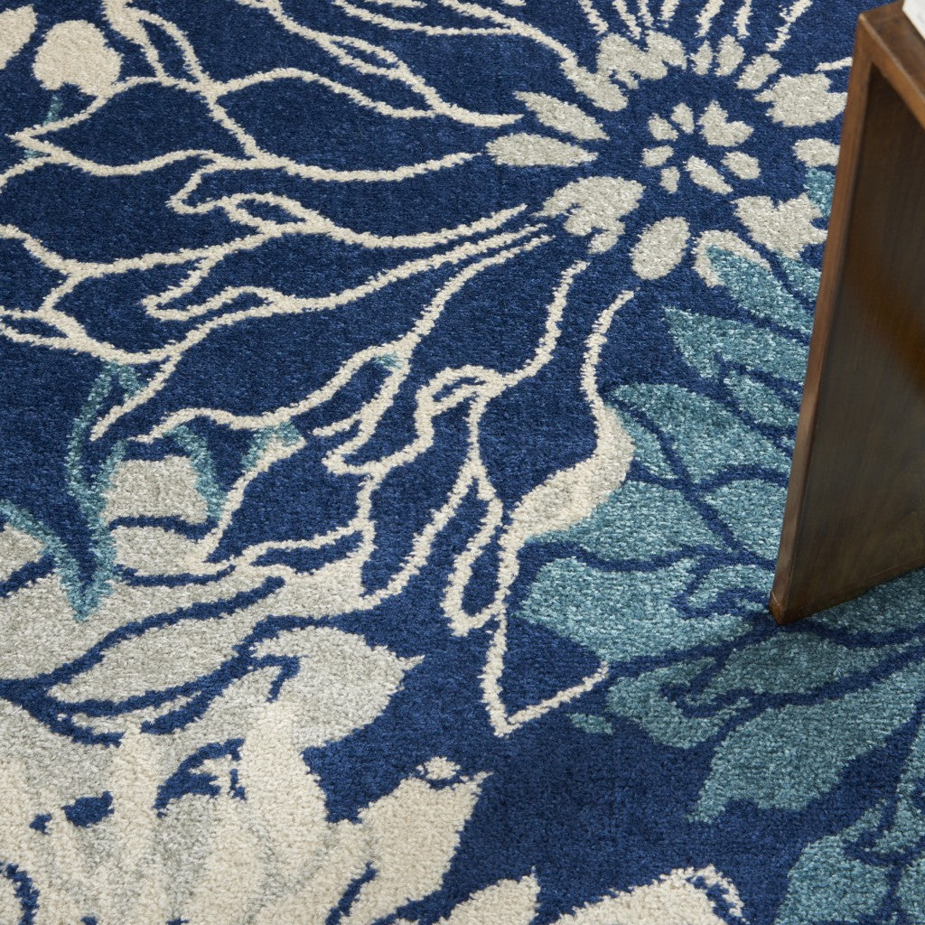 HomeRoots 4' Round Navy and Ivory Floral Area Rug