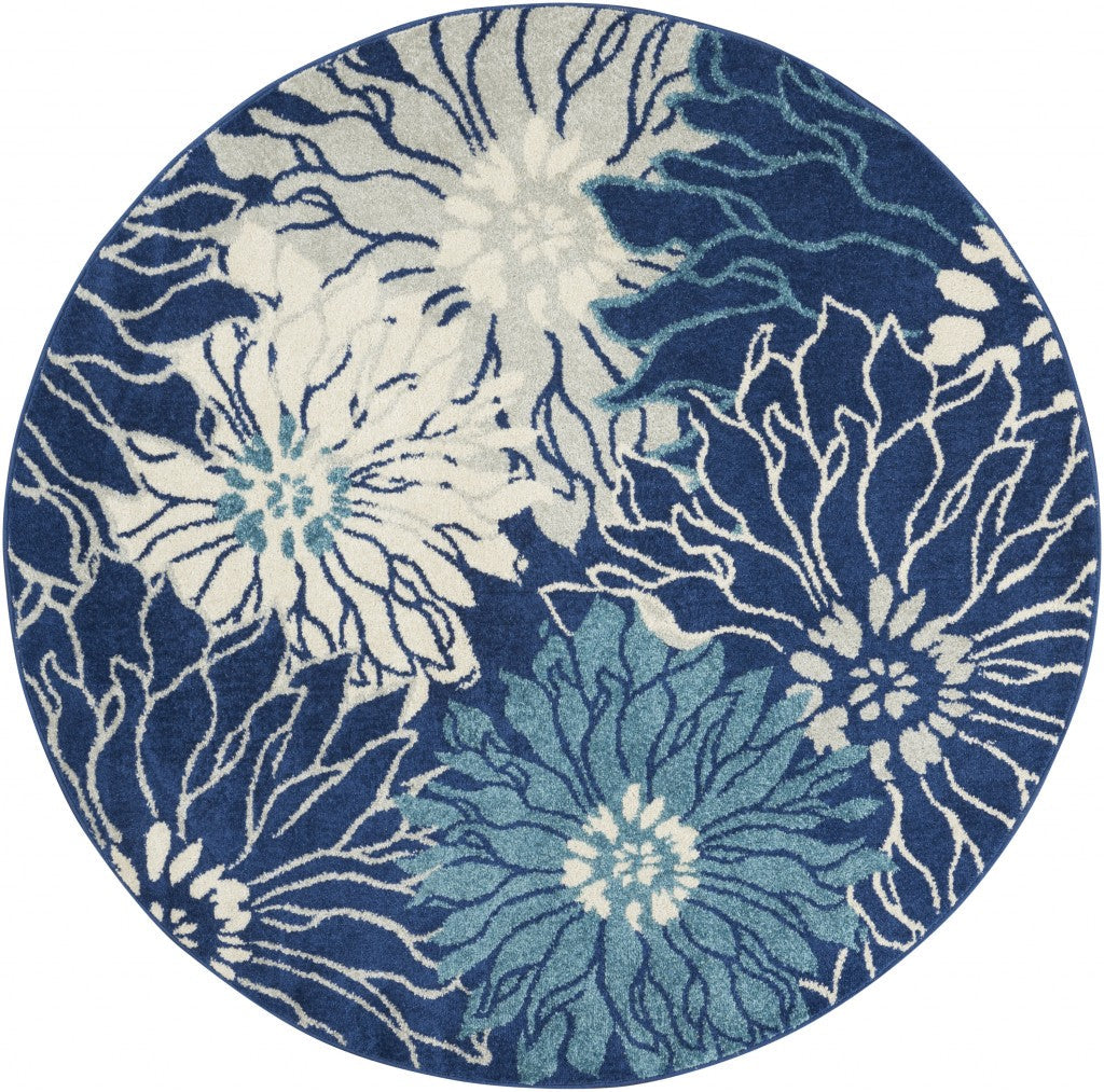 HomeRoots 4' Round Navy and Ivory Floral Area Rug