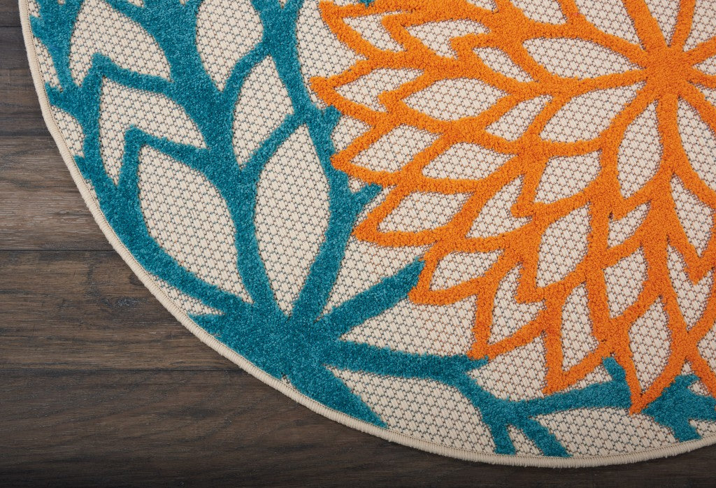 HomeRoots 4’ Round Orange Outdoor Area Rug With Floral Finish