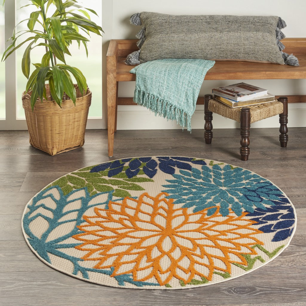 HomeRoots 4’ Round Orange Outdoor Area Rug With Floral Finish