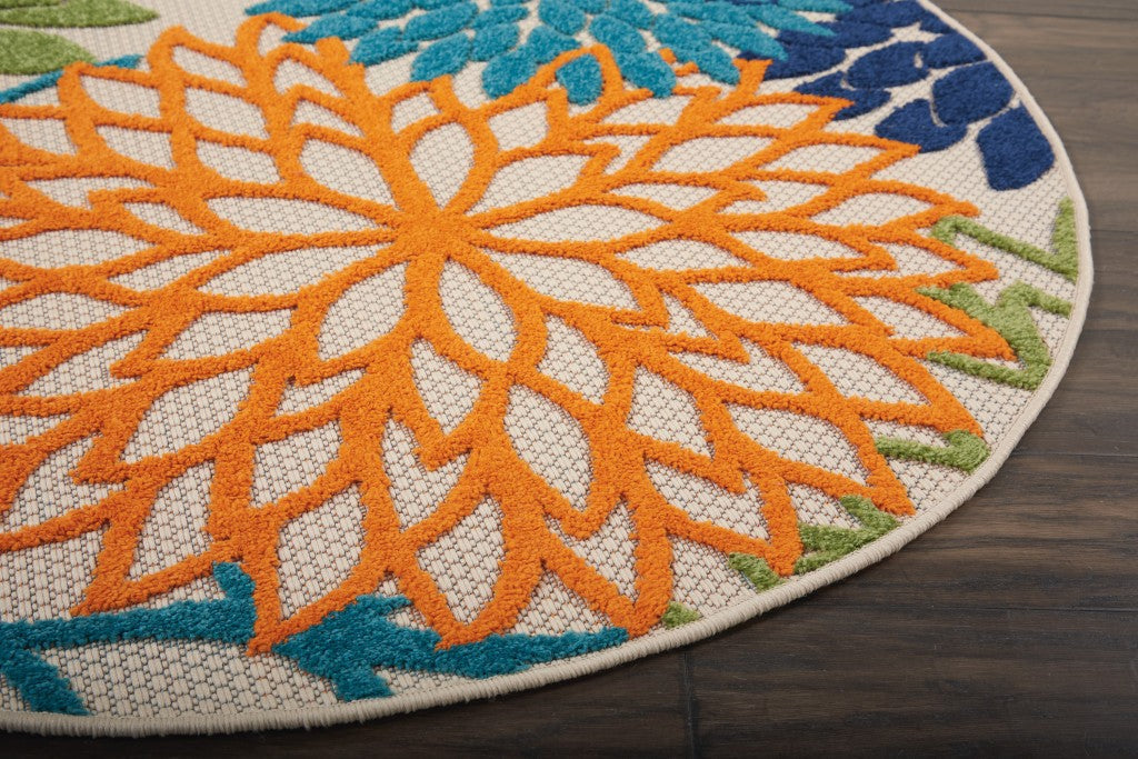 HomeRoots 4’ Round Orange Outdoor Area Rug With Floral Finish