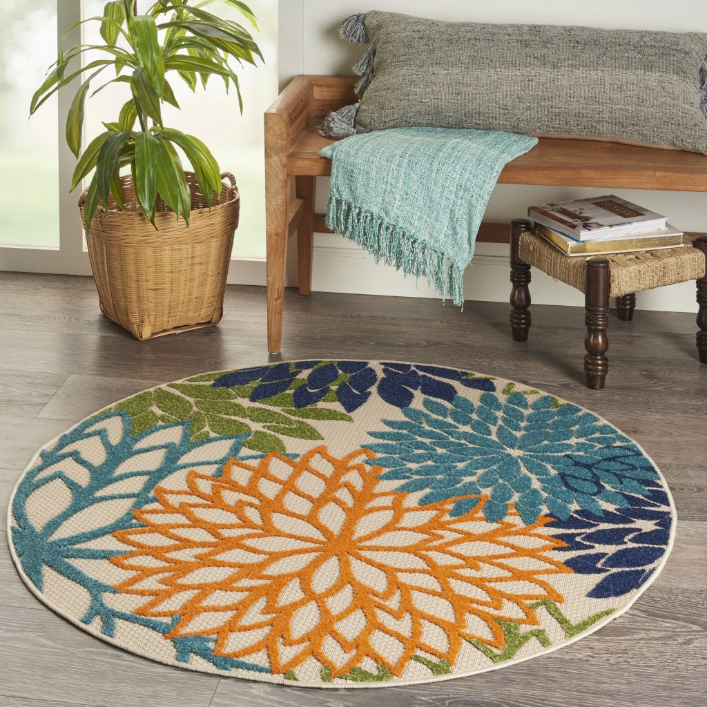 HomeRoots 4’ Round Orange Outdoor Area Rug With Floral Finish