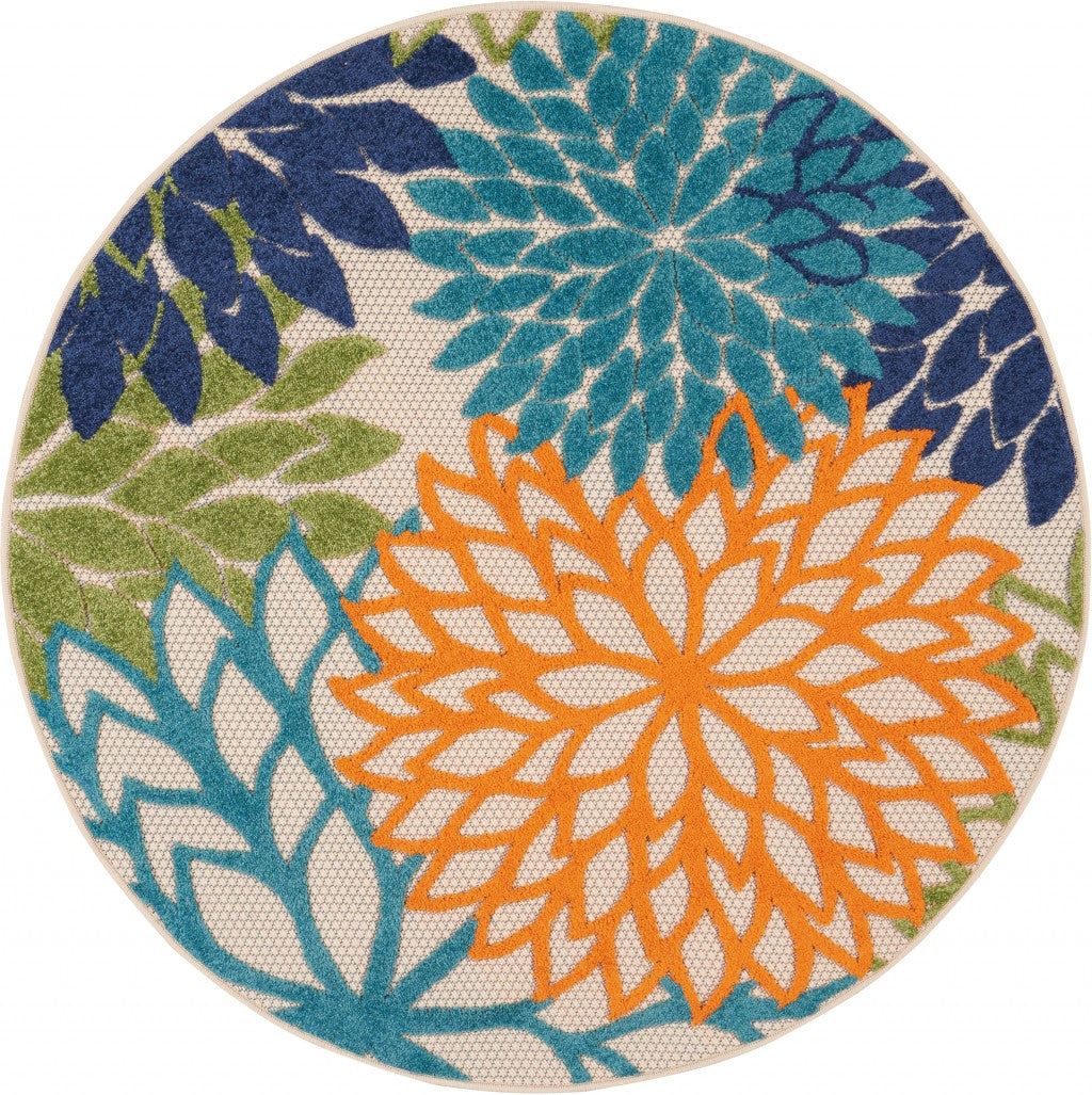 HomeRoots 4’ Round Orange Outdoor Area Rug With Floral Finish