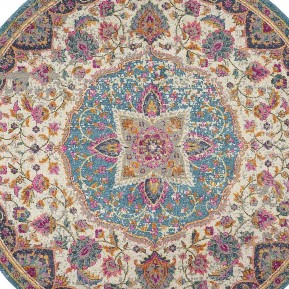 HomeRoots 4' Round Pink and Blue Floral Medallion Area Rug