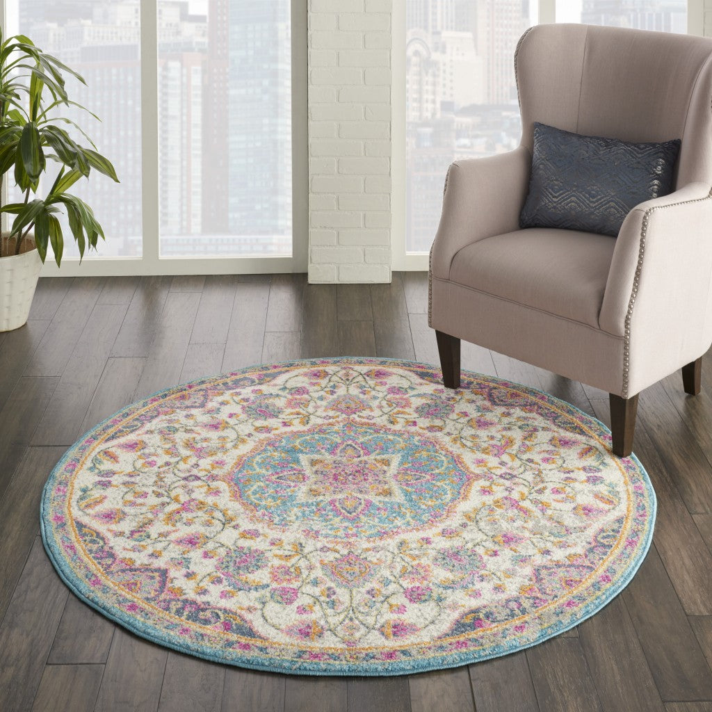 HomeRoots 4' Round Pink and Blue Floral Medallion Area Rug