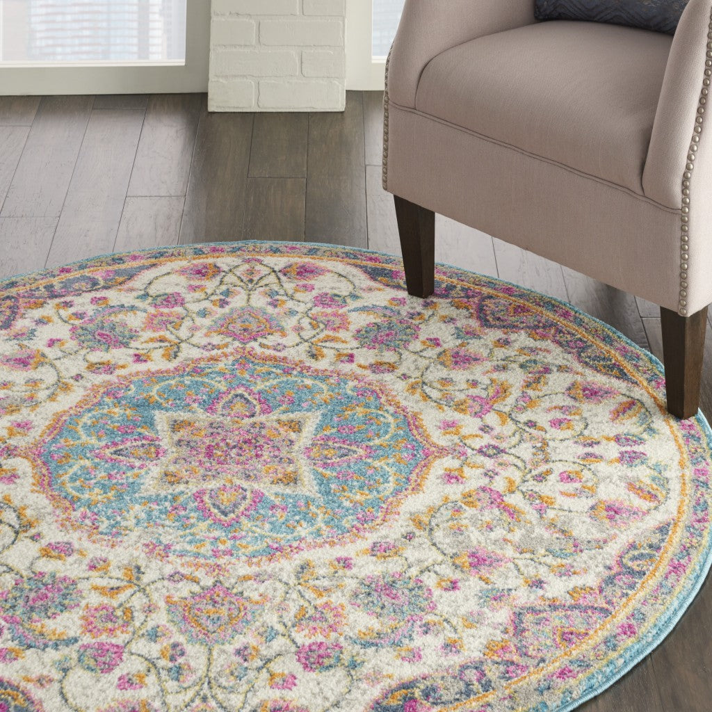 HomeRoots 4' Round Pink and Blue Floral Medallion Area Rug