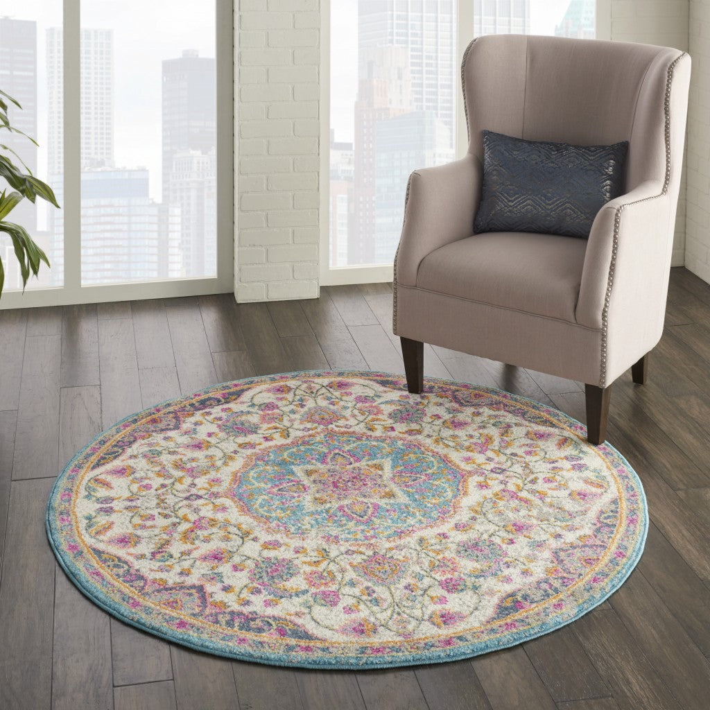 HomeRoots 4' Round Pink and Blue Floral Medallion Area Rug
