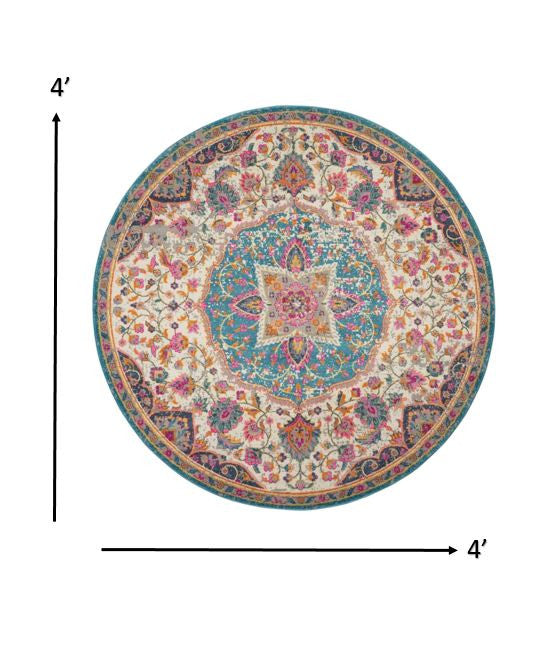 HomeRoots 4' Round Pink and Blue Floral Medallion Area Rug