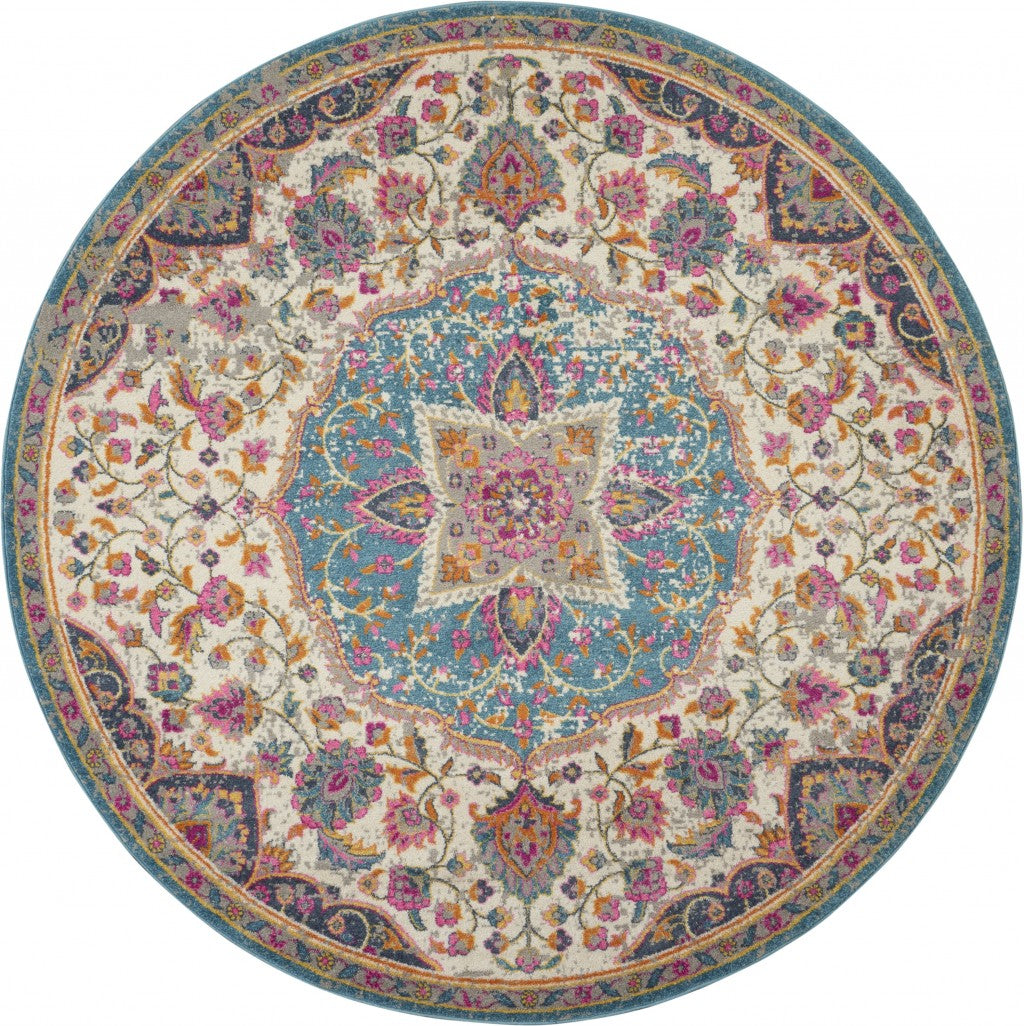 HomeRoots 4' Round Pink and Blue Floral Medallion Area Rug