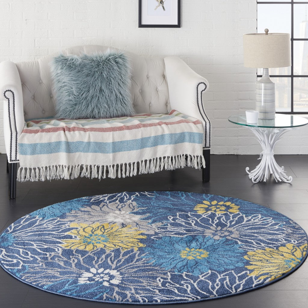 HomeRoots 4’ Round Tropical Flower Area Rug in Blue Finish