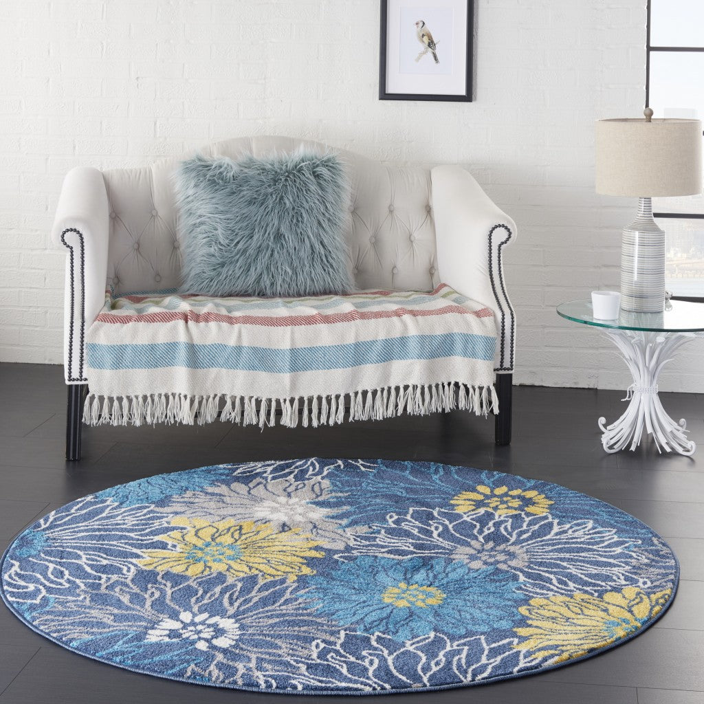 HomeRoots 4’ Round Tropical Flower Area Rug in Blue Finish