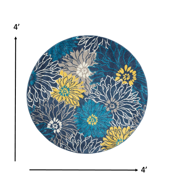 HomeRoots 4’ Round Tropical Flower Area Rug in Blue Finish