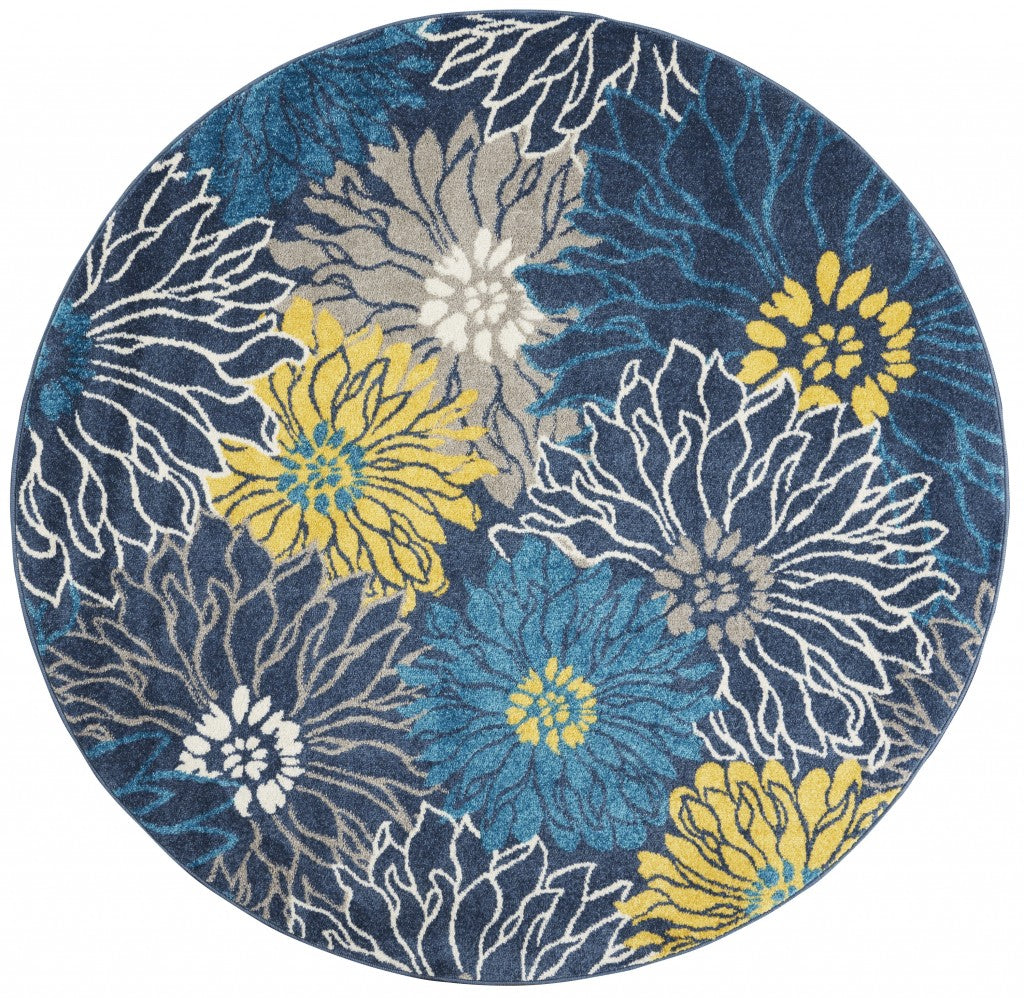 HomeRoots 4’ Round Tropical Flower Area Rug in Blue Finish