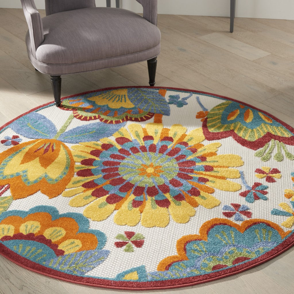 HomeRoots 4' Round Yellow and Ivory Indoor Outdoor Area Rug