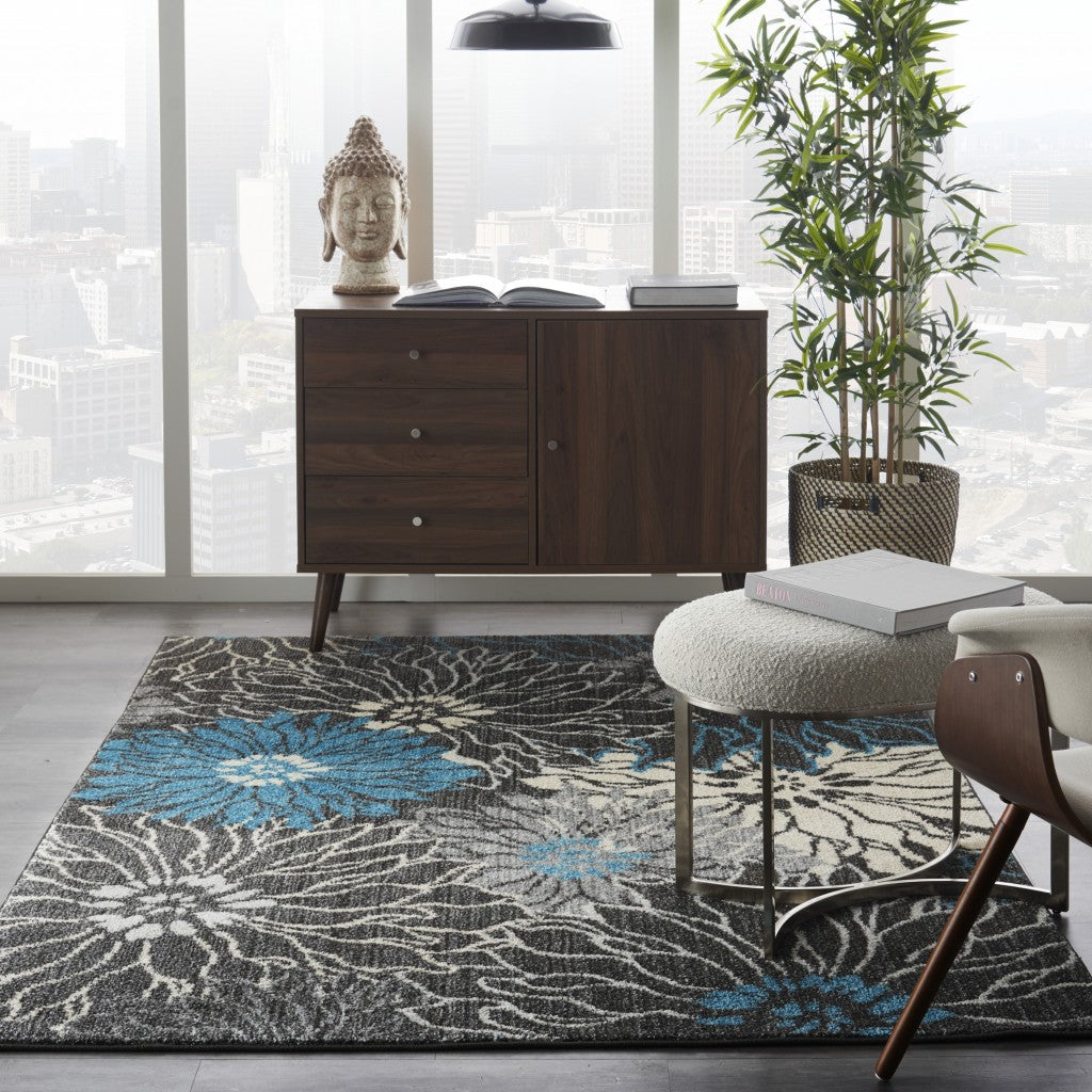 HomeRoots 4' x 6' Charcoal and Blue Big Flower Area Rug