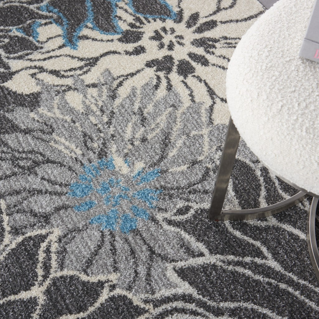 HomeRoots 4' x 6' Charcoal and Blue Big Flower Area Rug