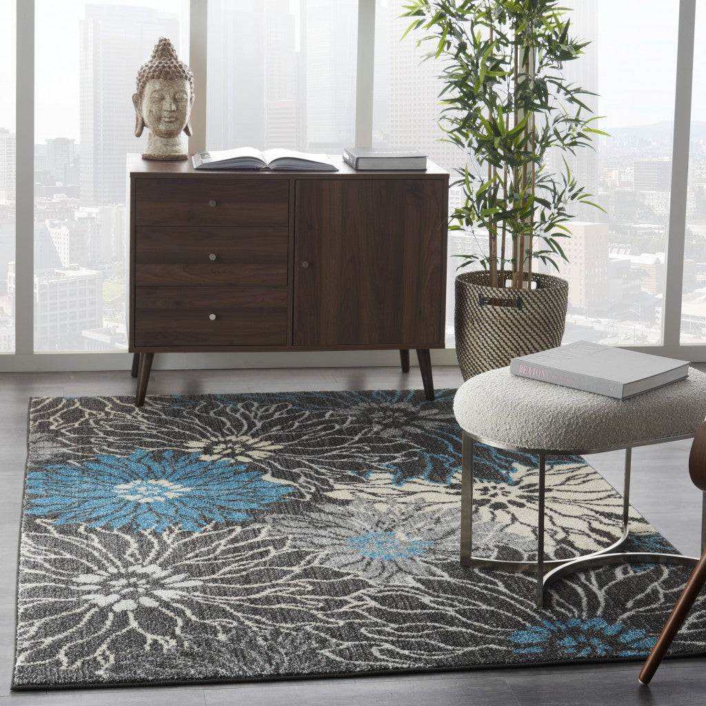 HomeRoots 4' x 6' Charcoal and Blue Big Flower Area Rug