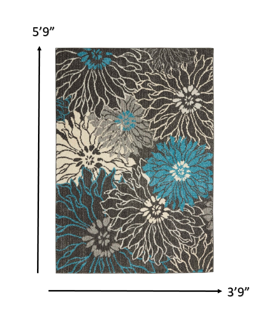 HomeRoots 4' x 6' Charcoal and Blue Big Flower Area Rug