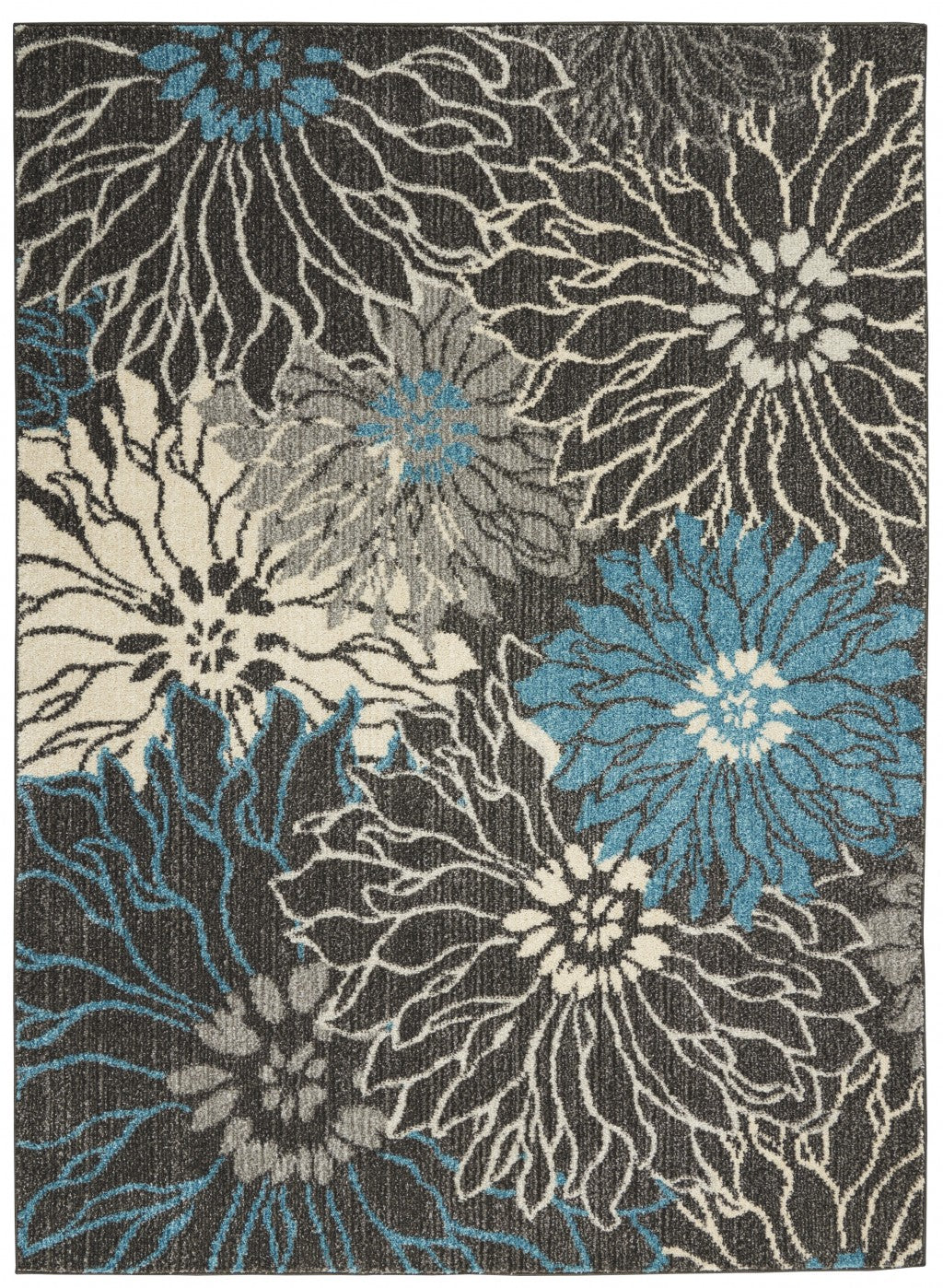 HomeRoots 4' x 6' Charcoal and Blue Big Flower Area Rug
