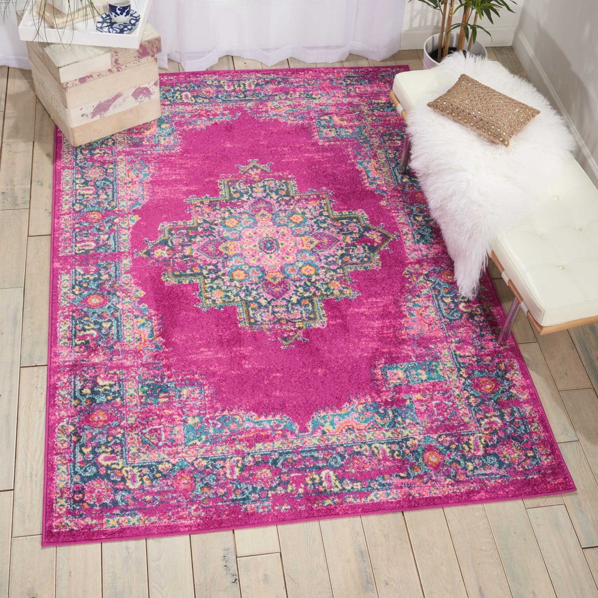 HomeRoots 4' x 6' Fuchsia and Blue Distressed Area Rug