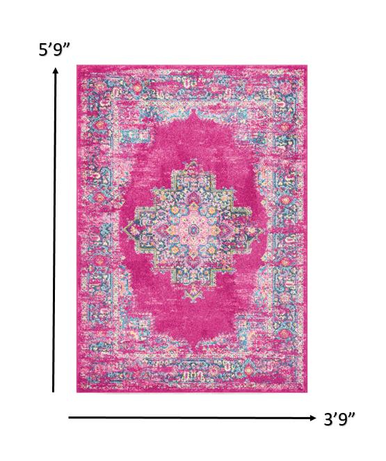 HomeRoots 4' x 6' Fuchsia and Blue Distressed Area Rug