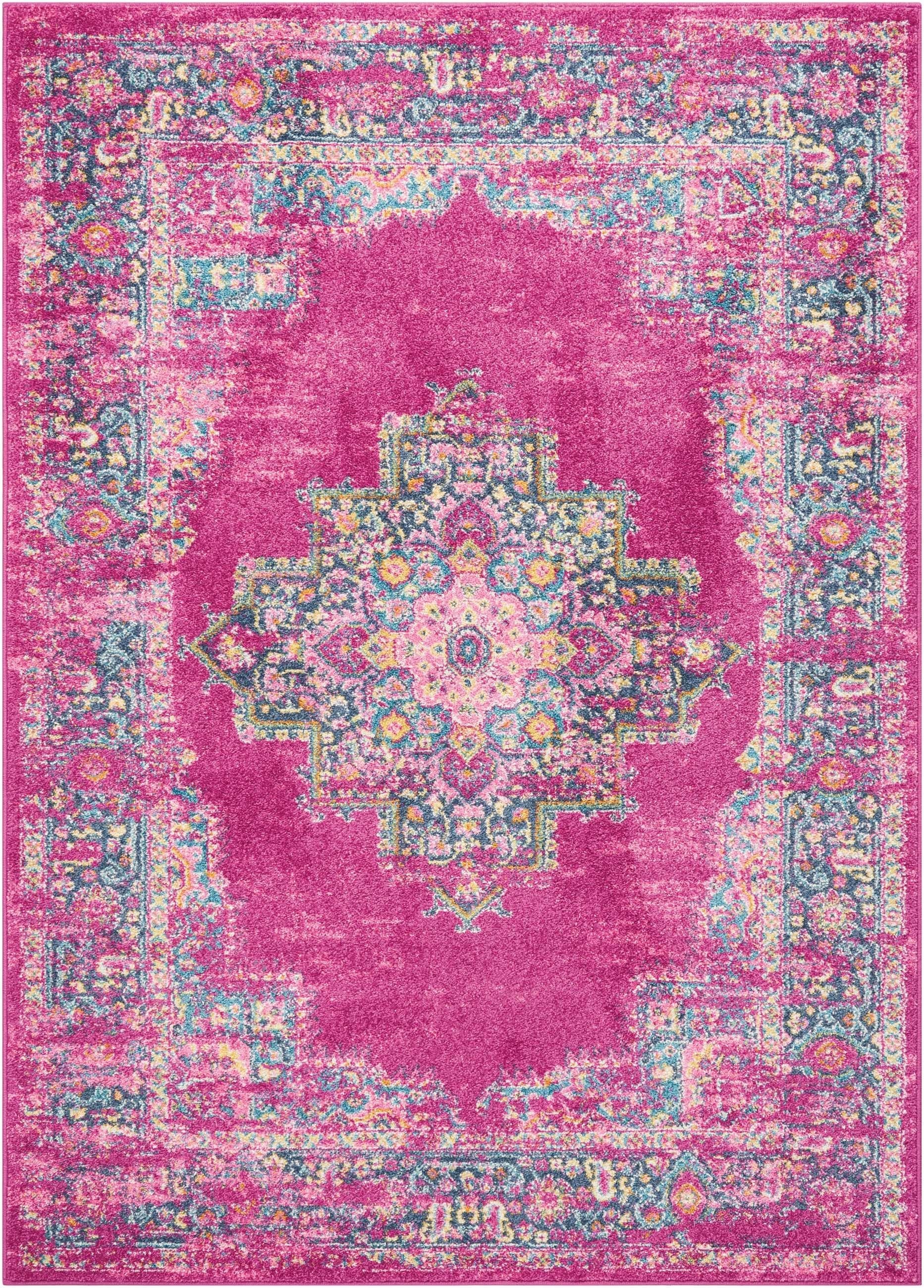 HomeRoots 4' x 6' Fuchsia and Blue Distressed Area Rug