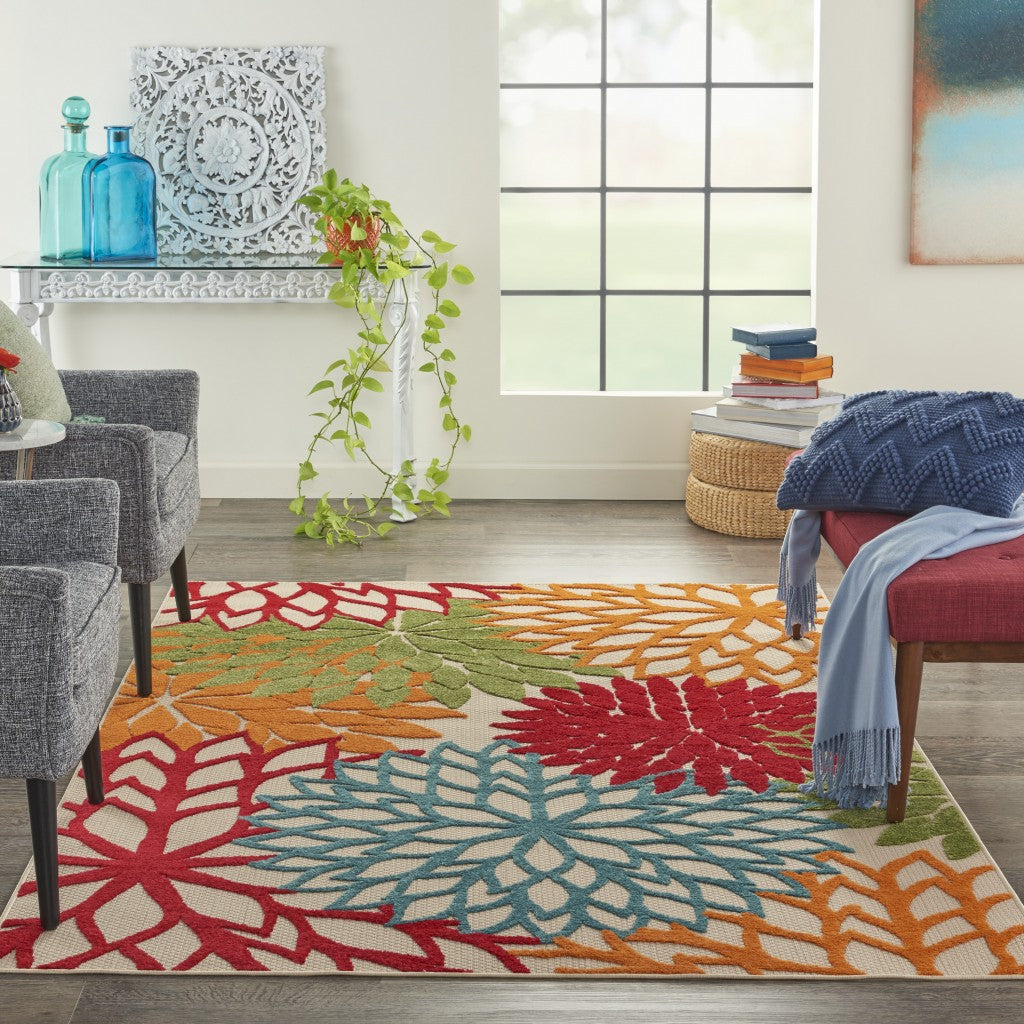 HomeRoots 4’ x 6’ Green Floral Indoor Outdoor Area Rug
