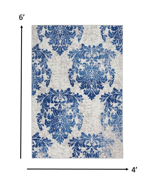HomeRoots 4' x 6' Ivory and Navy Damask Area Rug