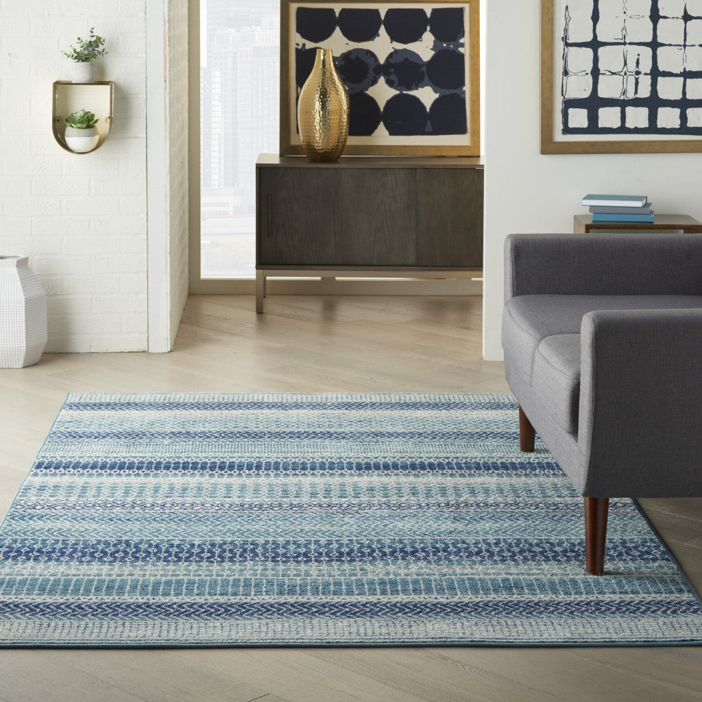 HomeRoots 4’ x 6’ Navy Blue Ornate Stripes Area Rug