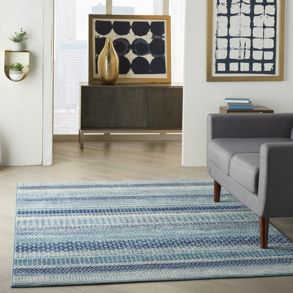 HomeRoots 4’ x 6’ Navy Blue Ornate Stripes Area Rug