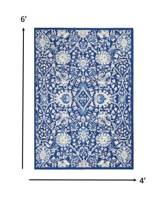 HomeRoots 4' x 6' Navy and Ivory Intricate Floral Area Rug