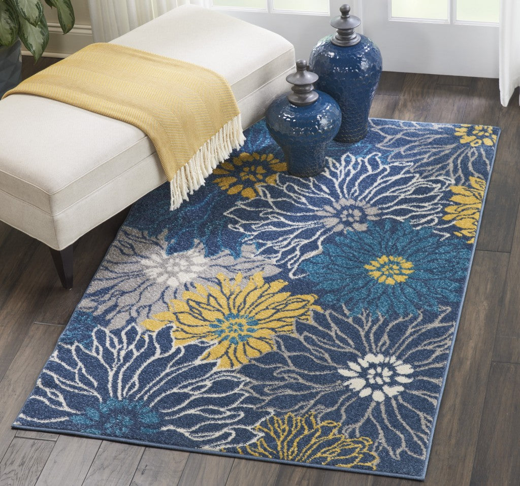 HomeRoots 4’ x 6’ Tropical Flower Area Rug in Blue Finish