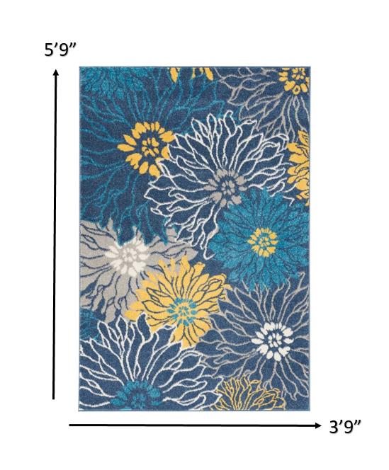 HomeRoots 4’ x 6’ Tropical Flower Area Rug in Blue Finish