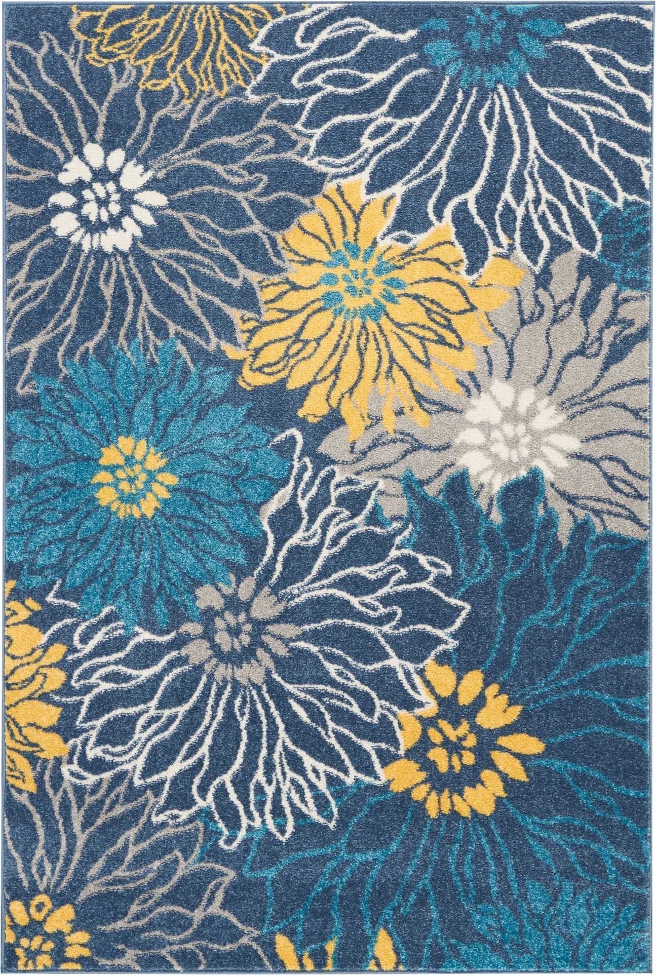 HomeRoots 4’ x 6’ Tropical Flower Area Rug in Blue Finish