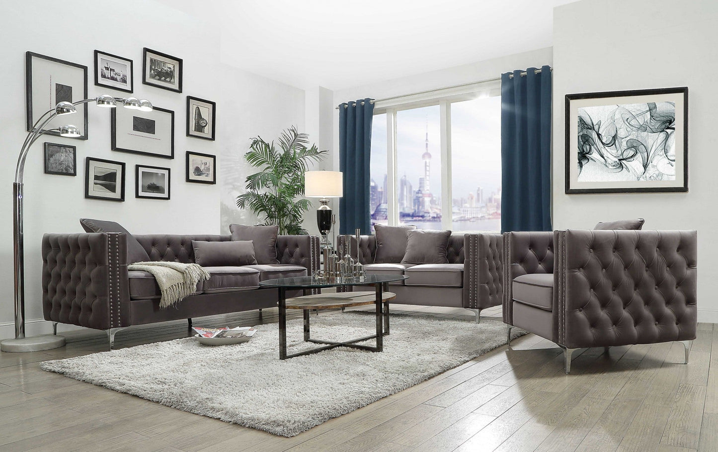 HomeRoots 40" Dark Slate Gray Velvet Tufted Chesterfield Chair With Silver Base Finish