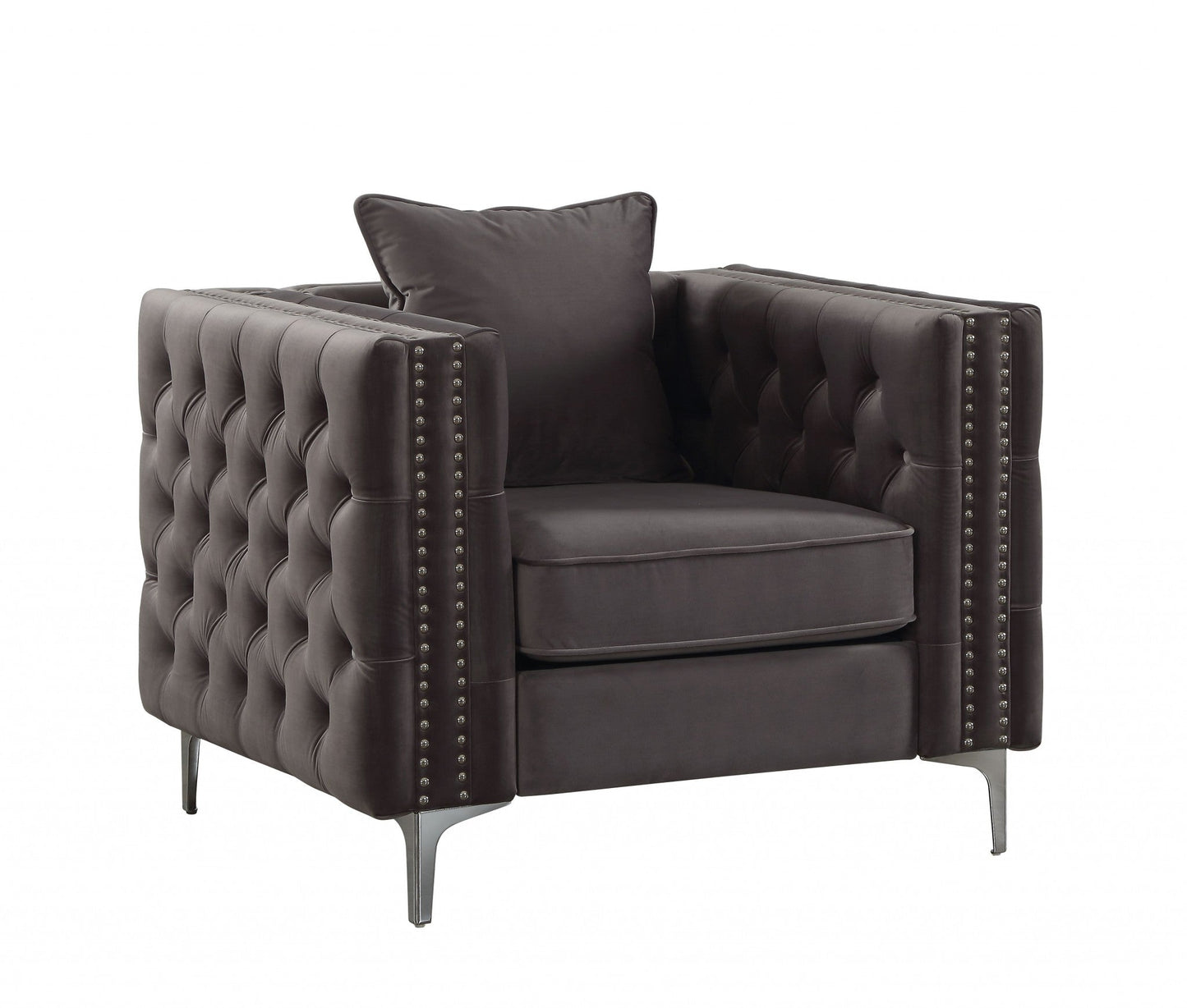 HomeRoots 40" Dark Slate Gray Velvet Tufted Chesterfield Chair With Silver Base Finish