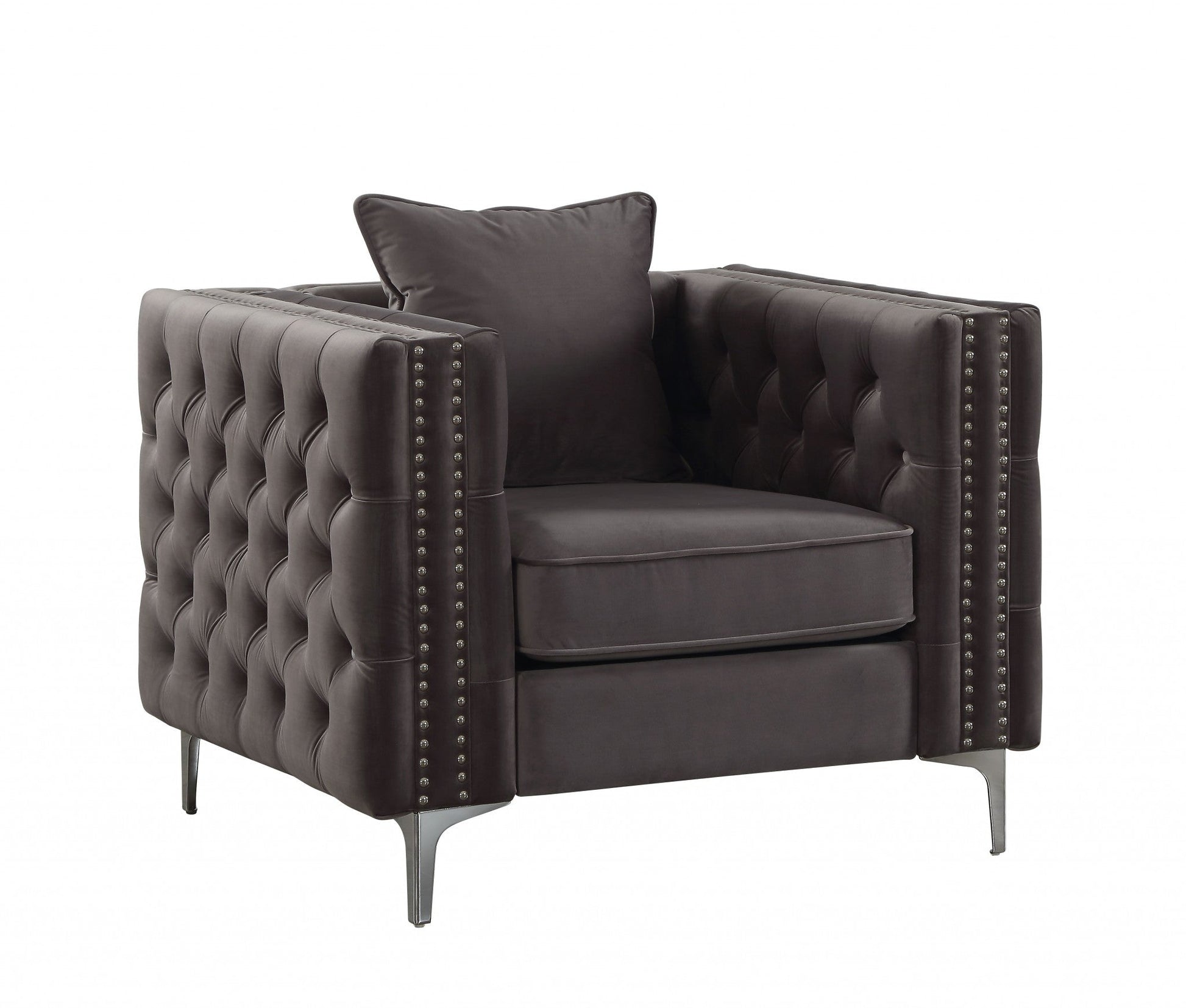 HomeRoots 40" Dark Slate Gray Velvet Tufted Chesterfield Chair With Silver Base Finish