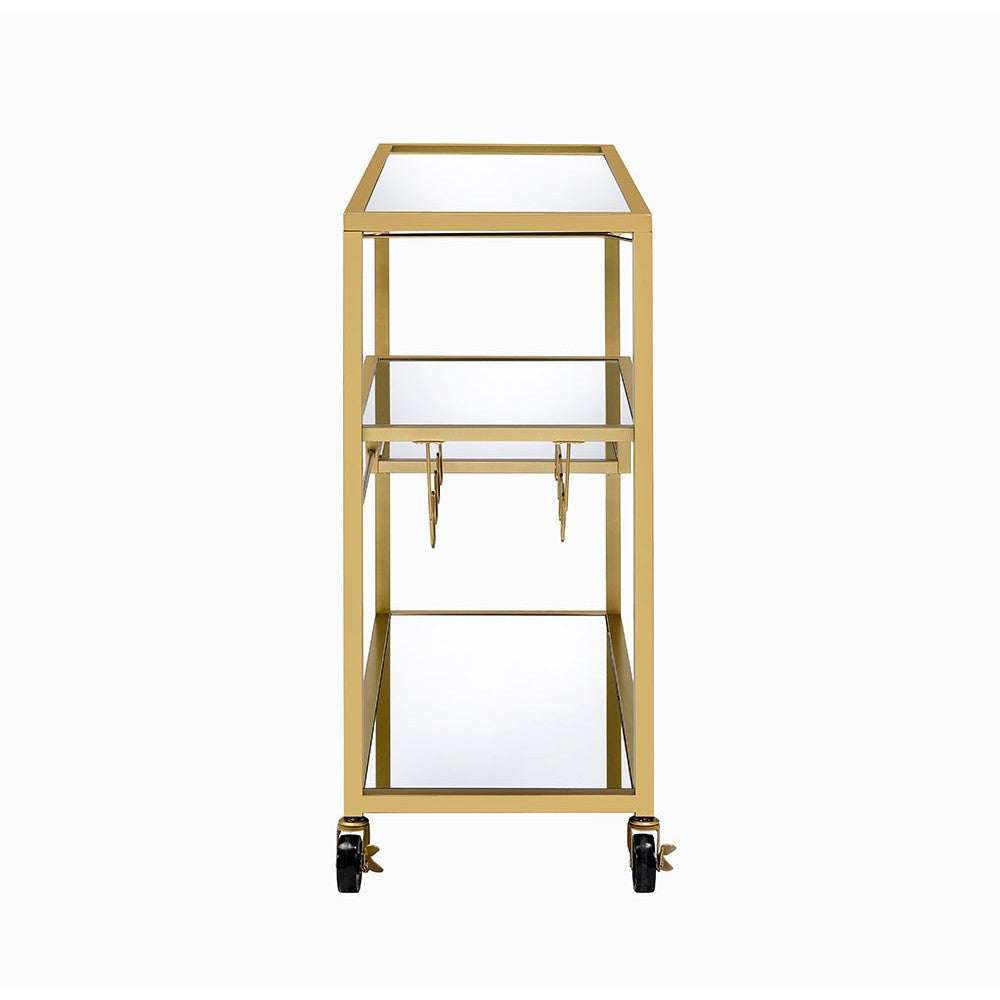 HomeRoots 40" x 16" x 37" Serving Cart In Gold And Clear Glass Finish