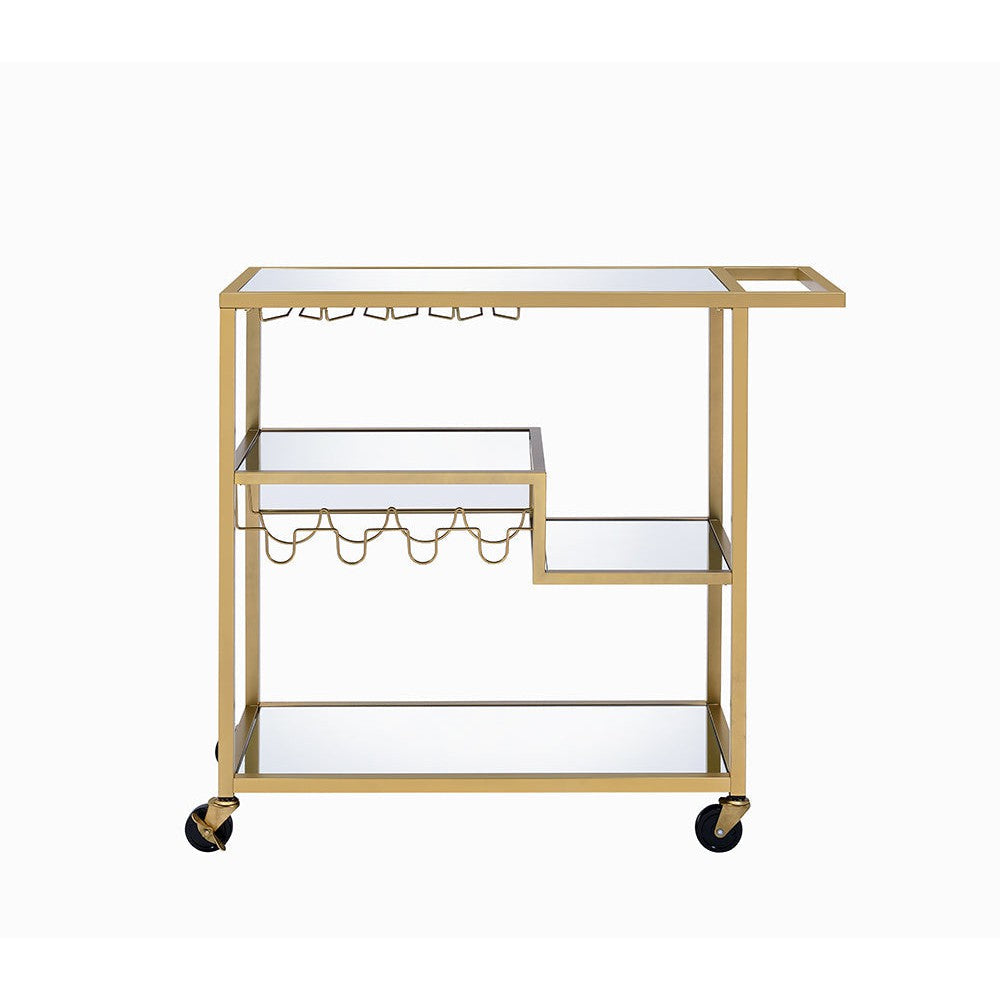 HomeRoots 40" x 16" x 37" Serving Cart In Gold And Clear Glass Finish