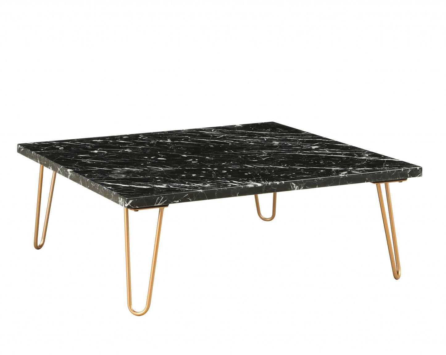 HomeRoots 40" x 40" x 15" Marble Coffee Table With Gold Base Finish