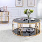 HomeRoots 40" x 40" x 18" Black Glass Coffee Table With Gold Metal Frame